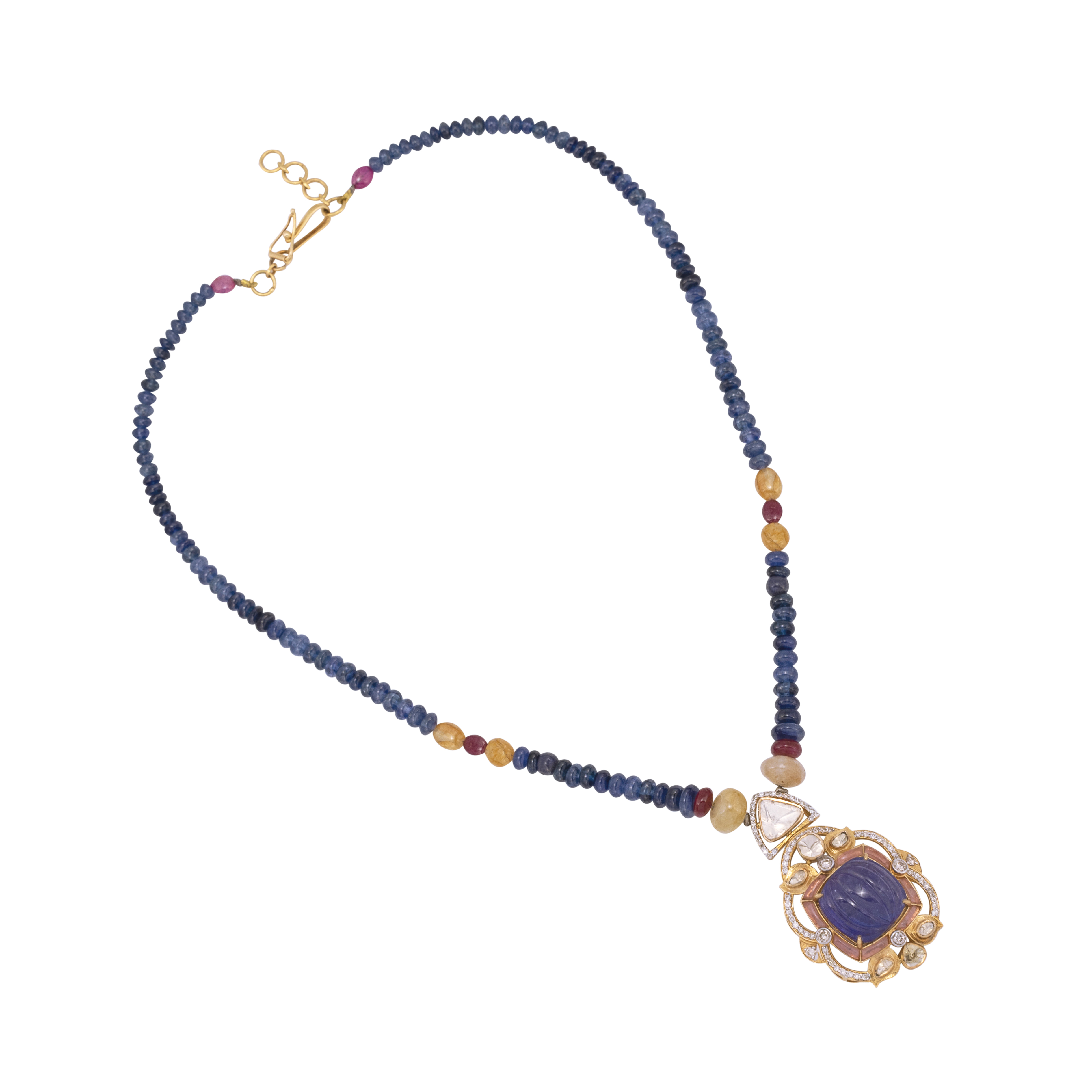 Carved Tanzanite Necklace with Polkis ,Diamonds and Sapphire Beads